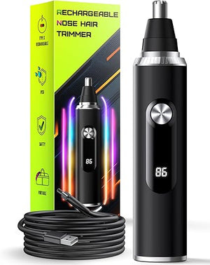 Nose Hair Trimmer for Men and Women, USB Rechargeable Electric Facial and Ear Hair Remover with LED Display, Dual-Edge Blades for Smooth, Painless Eyebrow Grooming (Black)