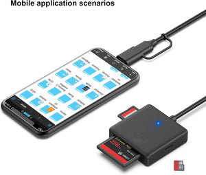 Memory Card Reader, 4in1 USB 3.0 and USB-C to SD Micro SD MS CF Card Reader Adapter, 4 Cards Simultaneously Read and Write, Compatible with iPhone 15 Series, MacBook Pro/Air 2023, and More